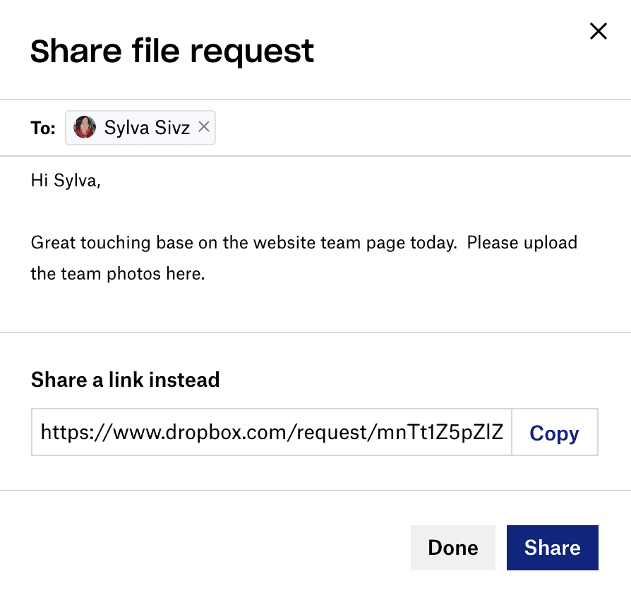 Screenshot of options for sharing a Dropbox file request Dropbox share a file request