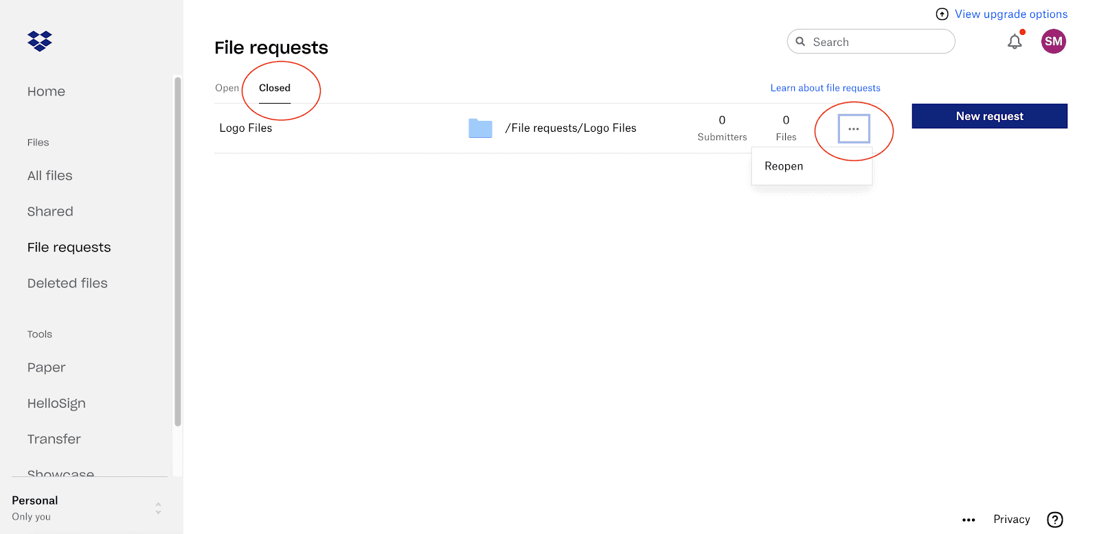 Screenshot showing how to re-open a closed Dropbox file request Re-open Dropbox file request