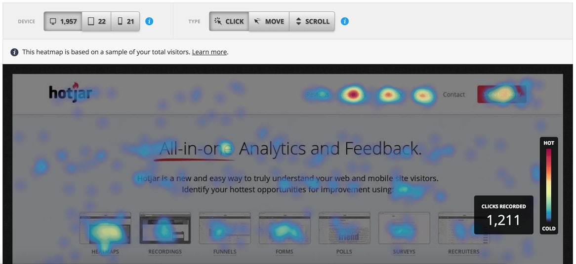 Hotjar heat map Screen shot of a heat map in the Hotjar dashboard showing where users are clicking the most.