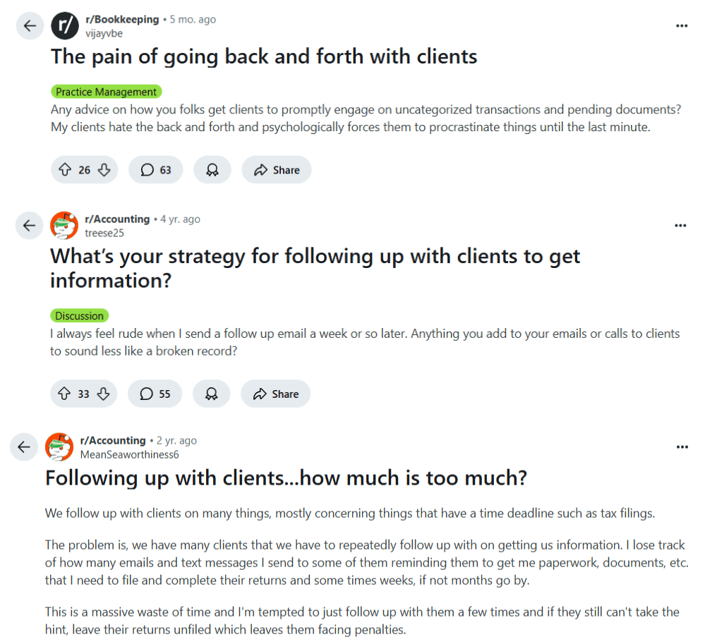 Online discussion showing professionals frustrated by late client documents